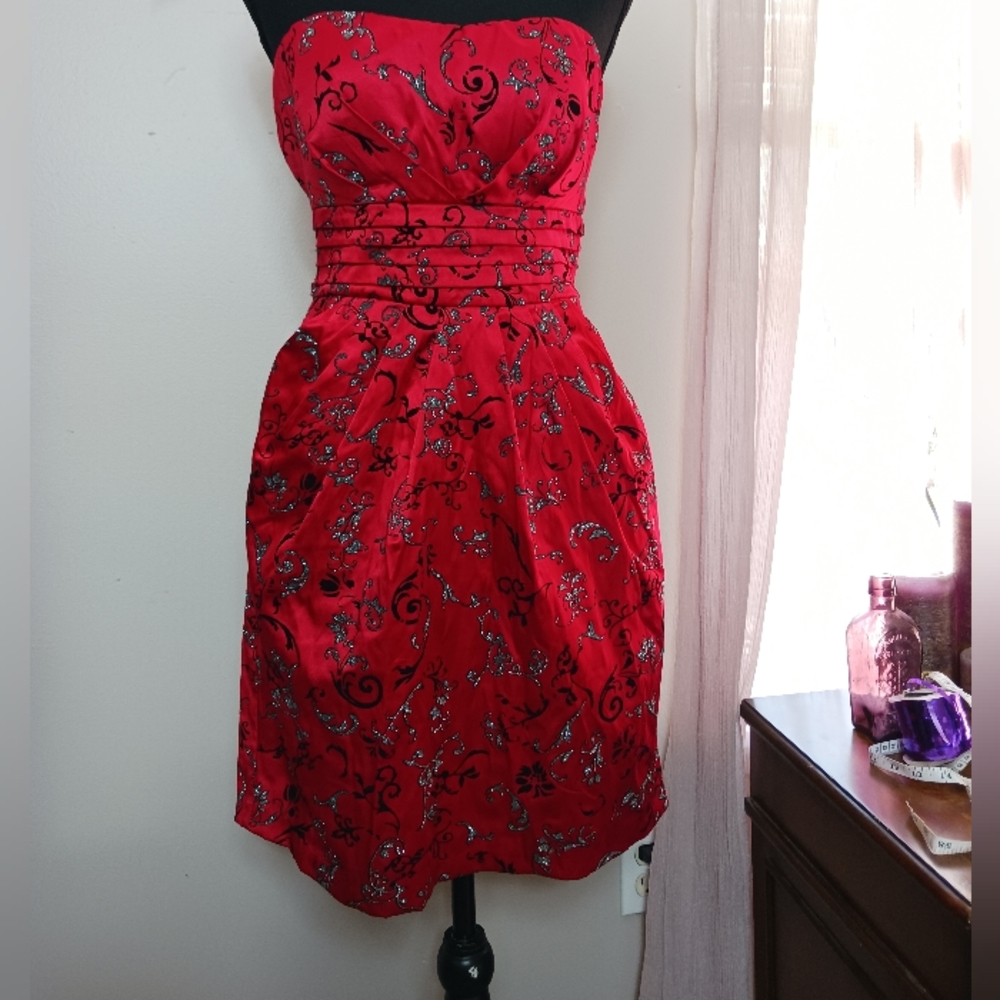 Red Satin W/ Blk & silver Velvet/ Sparkle Design, Strapless w pockets Zipper 9